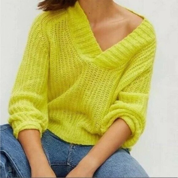 Anthropologie Honore Ribbed Sweater Wool Blend Neon Yellow - Picture 2 of 12